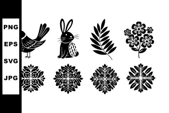 Bird Rabbit Leaf Floral Silhouettes Blac Graphics and Illustrations