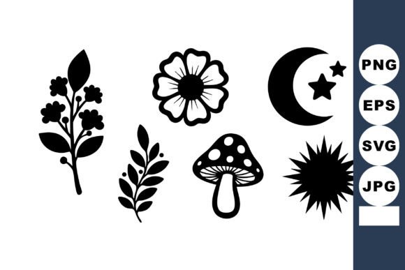 Black Silhouette Floral Moon Stars Mushr Graphics and Illustrations Review