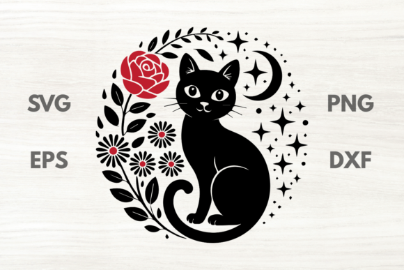 Cute Floral Cat with Moon SVG Graphics and Illustrations