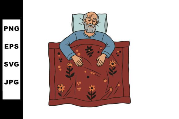 Elderly Man Resting in Bed Under Floral Graphics
