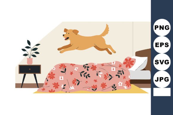 Energetic Dog Jumping over Floral Bed in Graphics & Illustrations