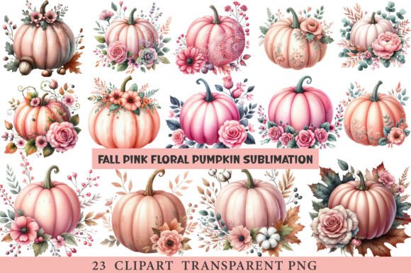 Fall Pink Floral Pumpkin Clipart for Graphics and Illustrations