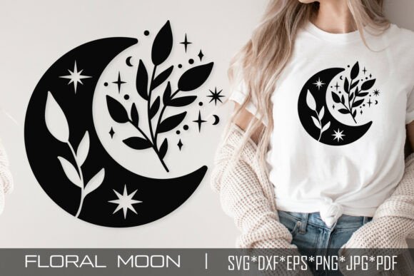 Floral Crescent Moon Stars SVG Cut File: Graphics for Editorial Design