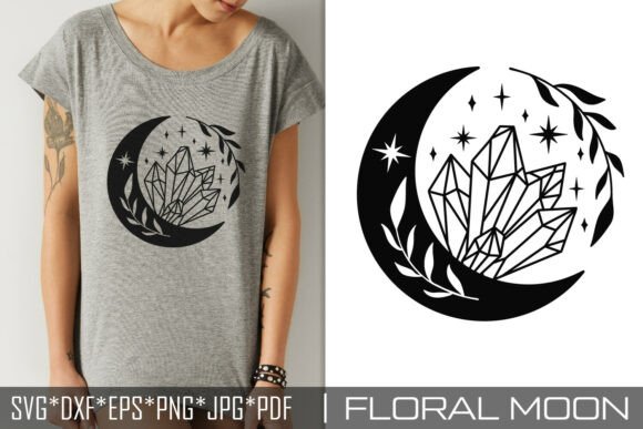 Floral Crescent Moon with Crystals SVG Graphics and Illustrations
