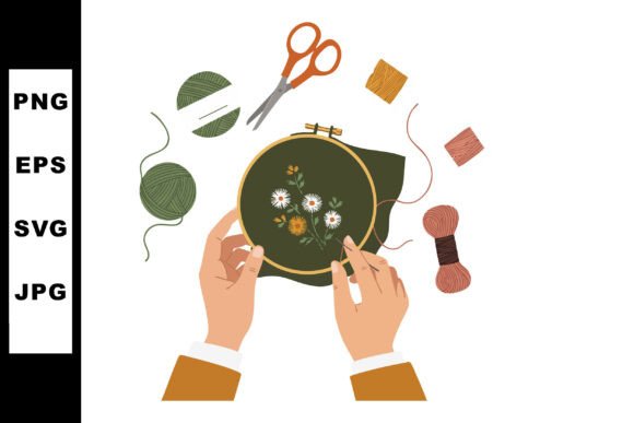 Hands Doing Floral Embroidery with Green: Graphics for Handmade Brands