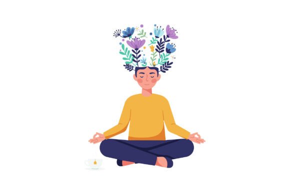 Meditating Man with Floral Hair Design I: Premium Graphics and Illustrations