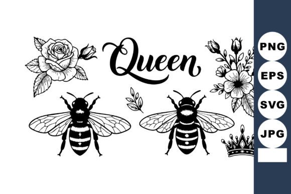Queen Text with Two Bees Floral Rose and Graphics
