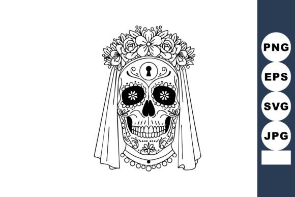 Skull with Floral Crown and Veil Vector Graphics