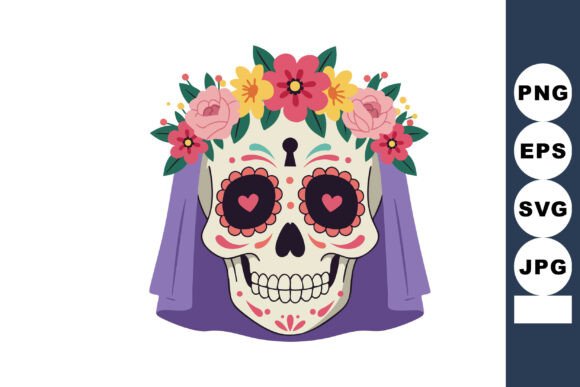 Sugar Skull with Floral Crown and Purple Graphics & Illustrations