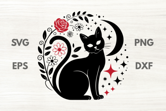 Watchful Floral Cat with Moon SVG: Graphics & Illustrations Review