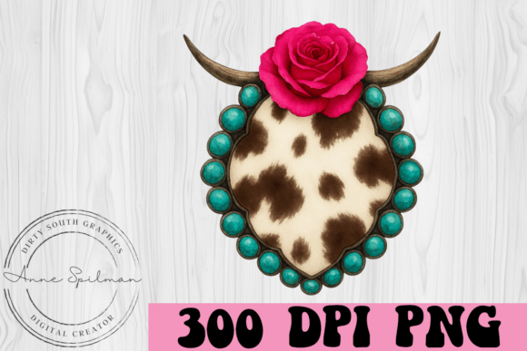 Western Turquoise Cow Floral Scene Graphics and Illustrations