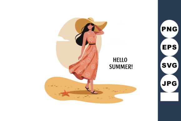 Woman in Floral Dress and Wide Hat Walki: Graphics & Illustrations Review