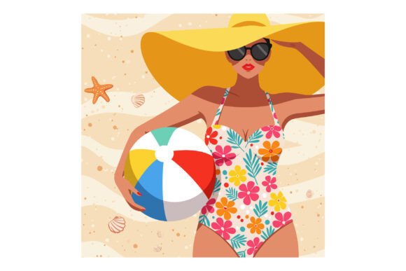 Woman in Floral Swimsuit Holding Beach B Graphics & Illustrations Review