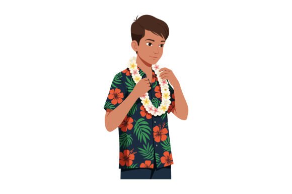 Young Man Wearing Floral Shirt and Lei N Graphics Review